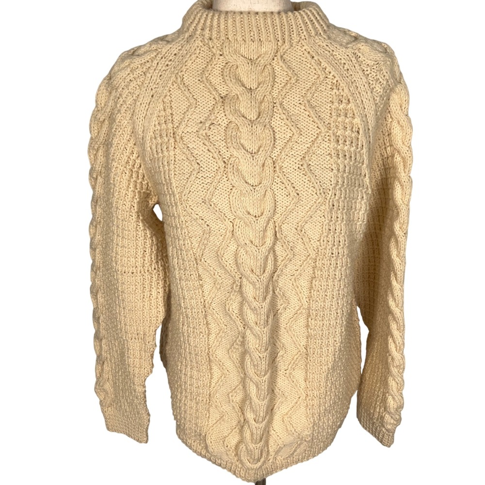 Aran Cable Knit Sweater Women‎ Medium Cream Mock Pullover Irish Fisherman No Tag